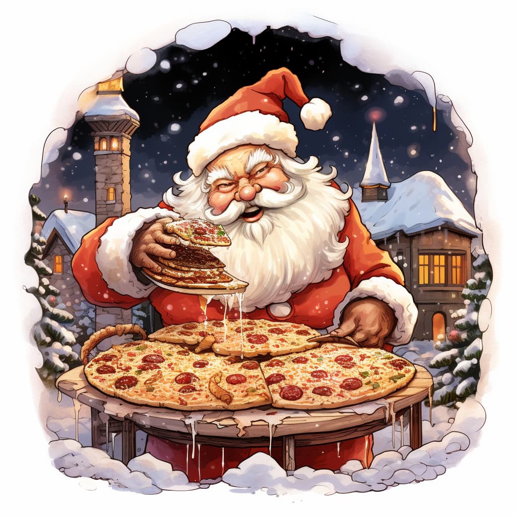13 caricature illustration of santa clause eating pizza shape christmas