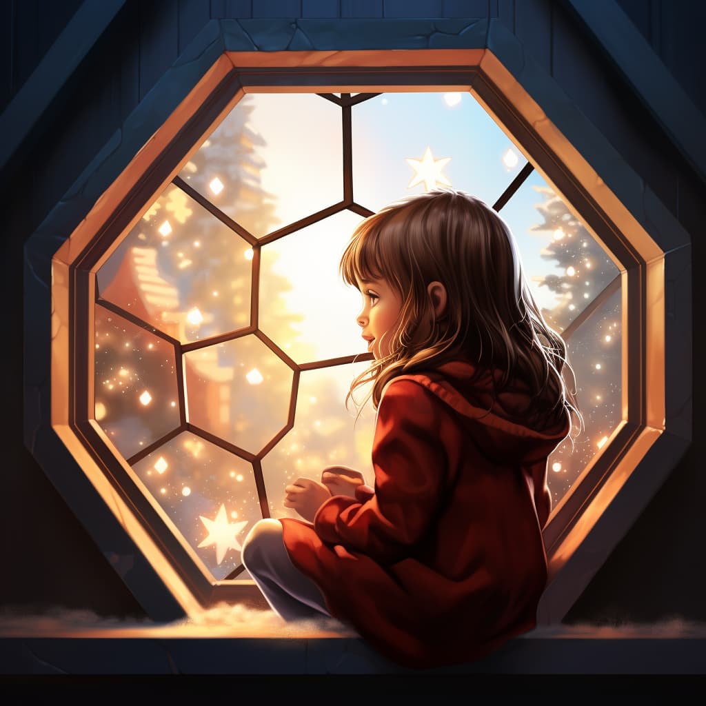 21 Little girl looking out of a large christmas hexagon window shape christmas
